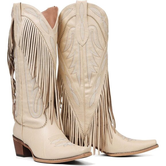 Women Beige Fringe Knee High Cowgirl Western Boots with  Embroidery Pointed Toe - Picture 1 of 6